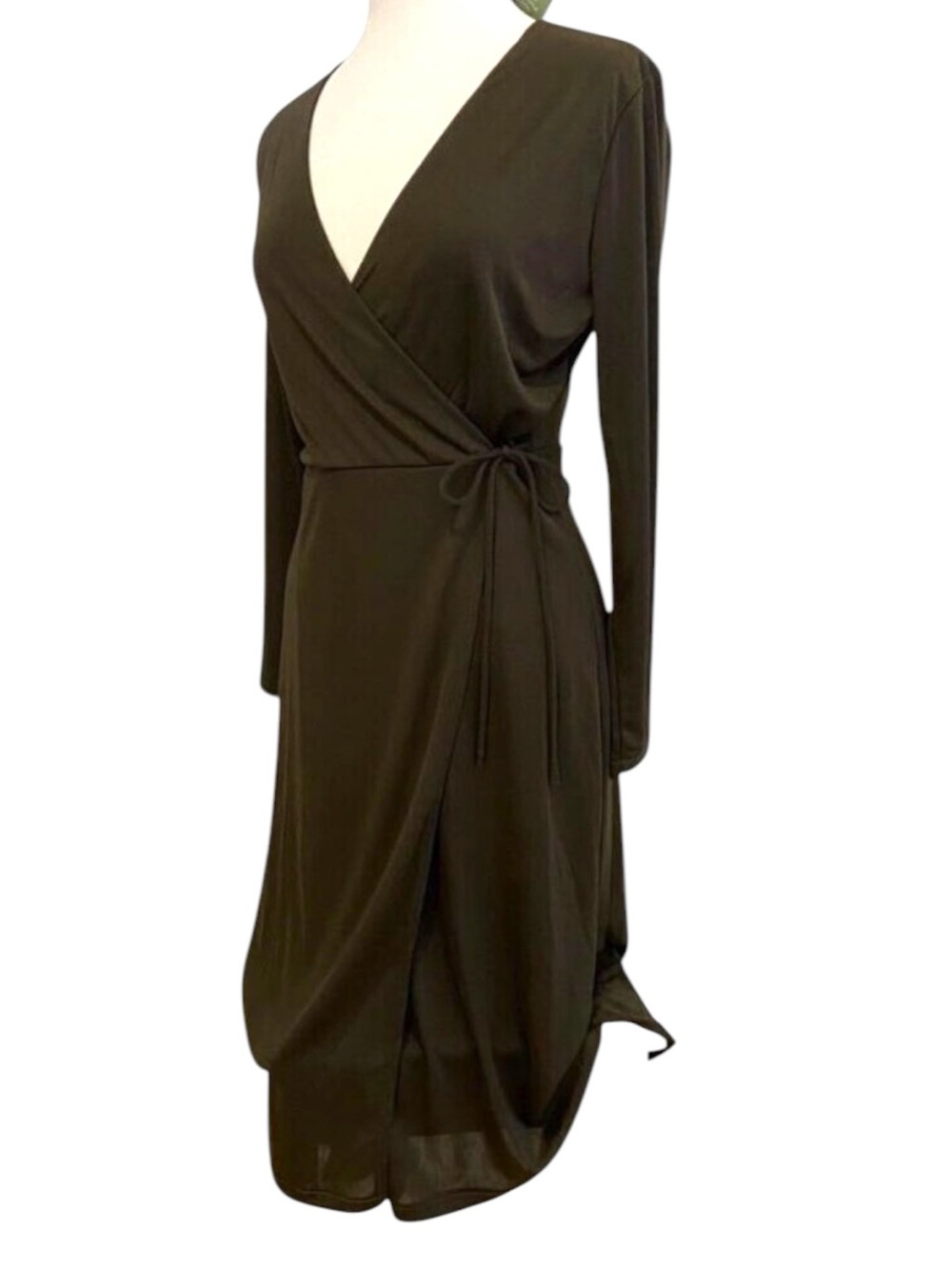 H&M NWT Maroon Brown Long-Sleeve Wrap Dress Silky Jersey Fabric Knee Length Wome